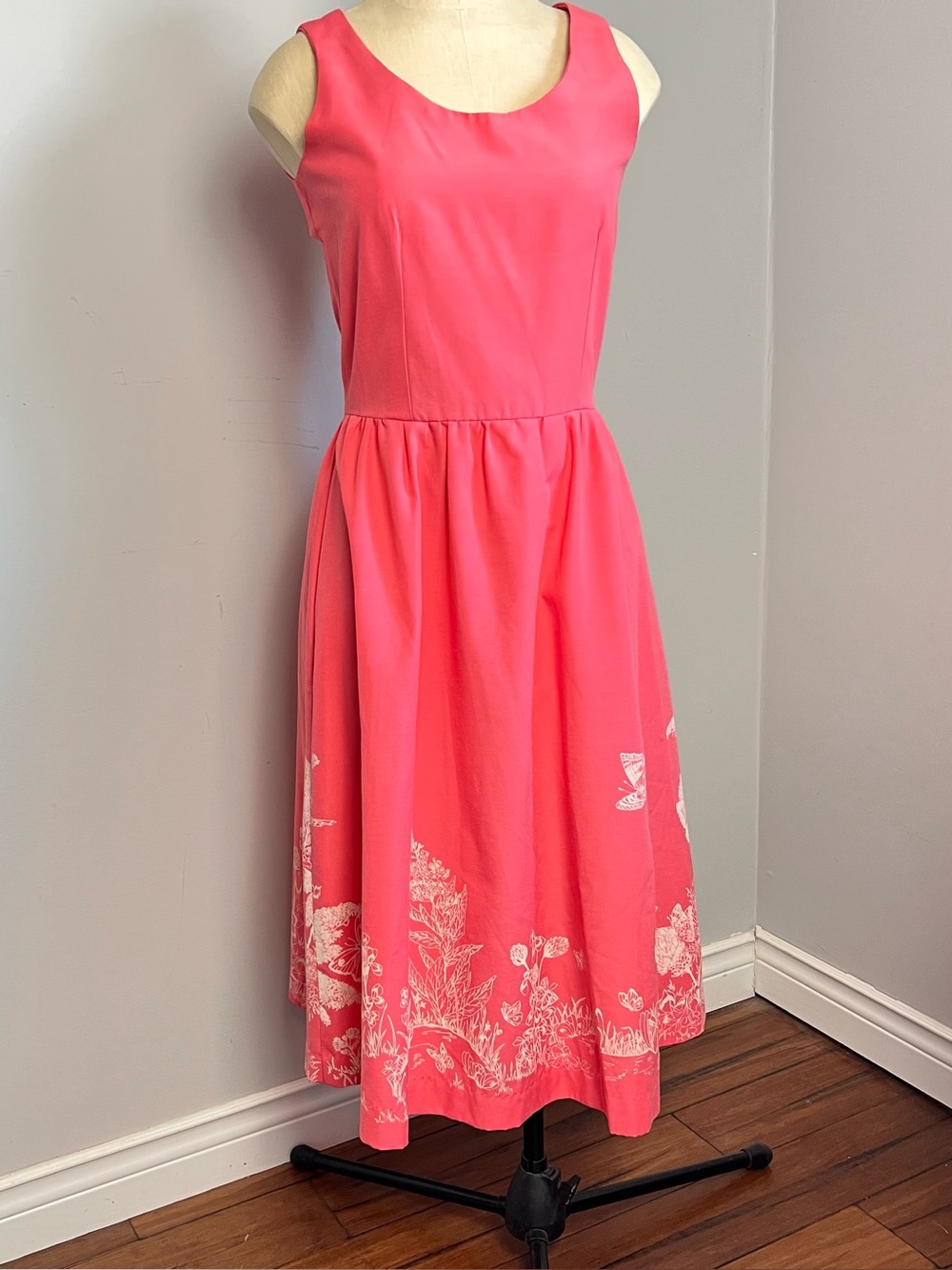 Vintage 70’s Pink Coral Midi Dress with Whimsical flower and butterfly print